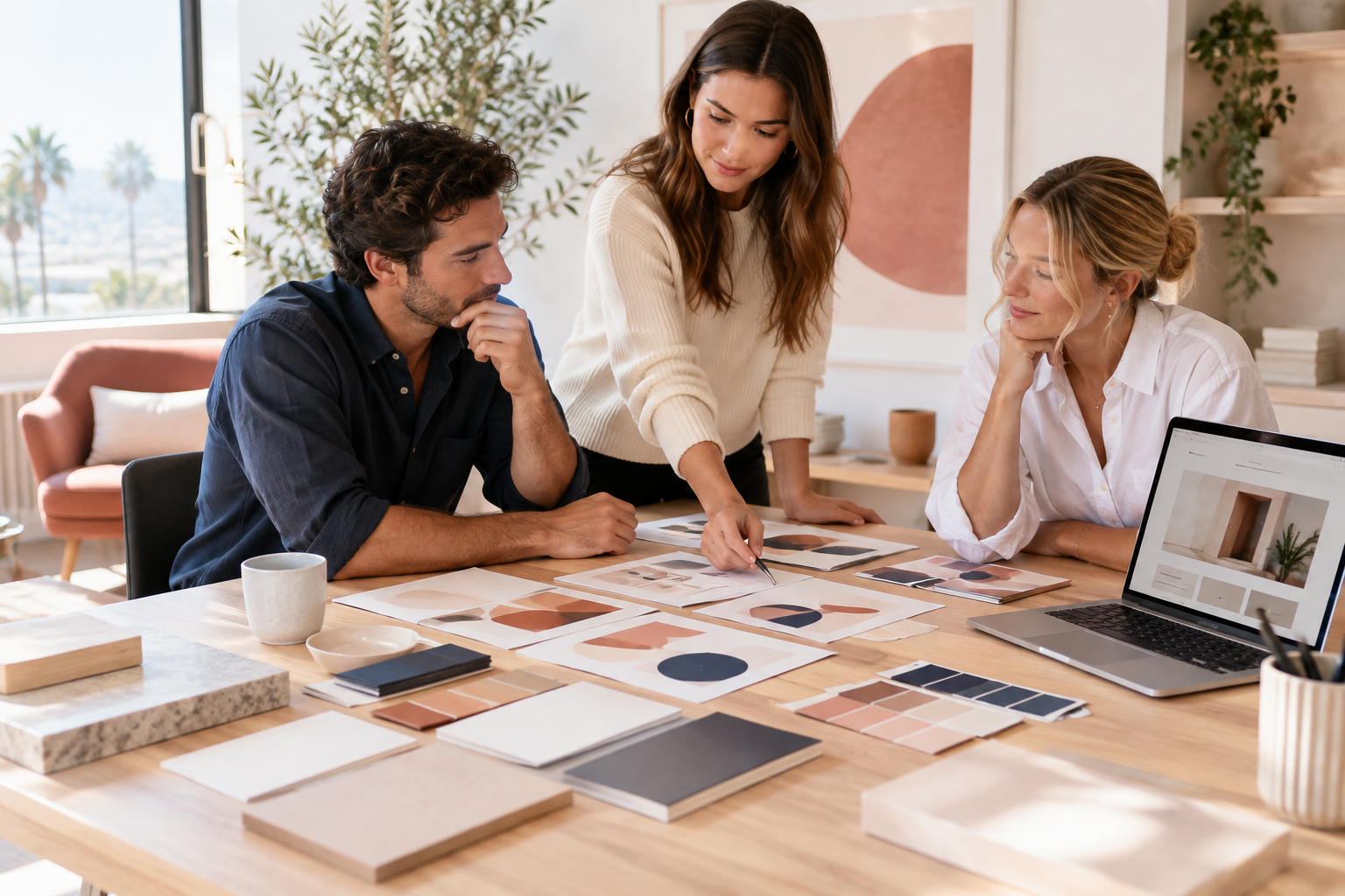 Startup founders and a designer reviewing color swatches and website layouts at a studio table